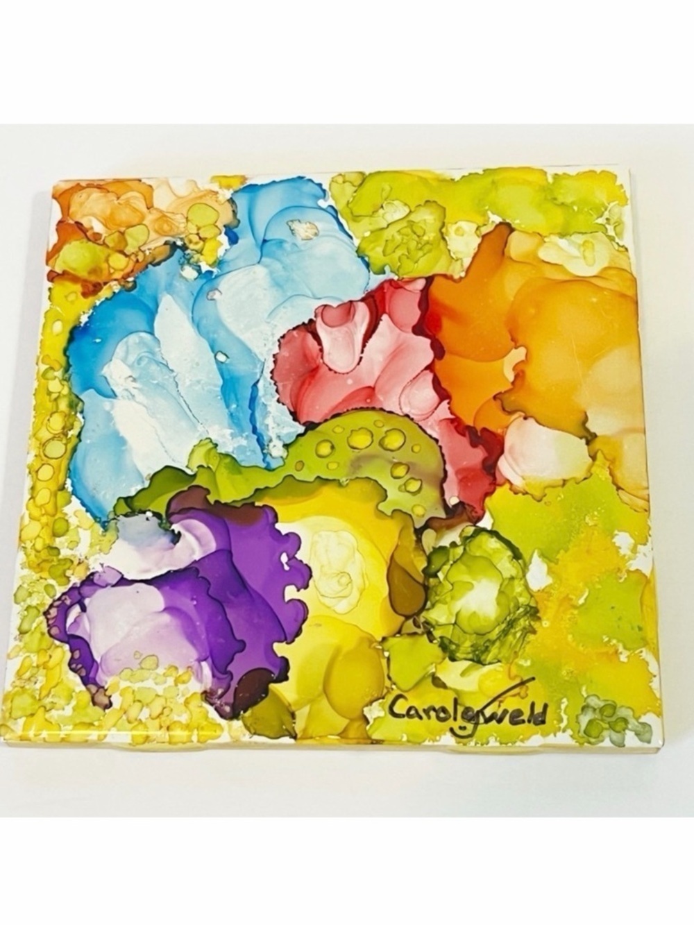 Handmade Alcohol Ink Art Ceramic Tile Coaster Floral Abstract Decor "Colorful"